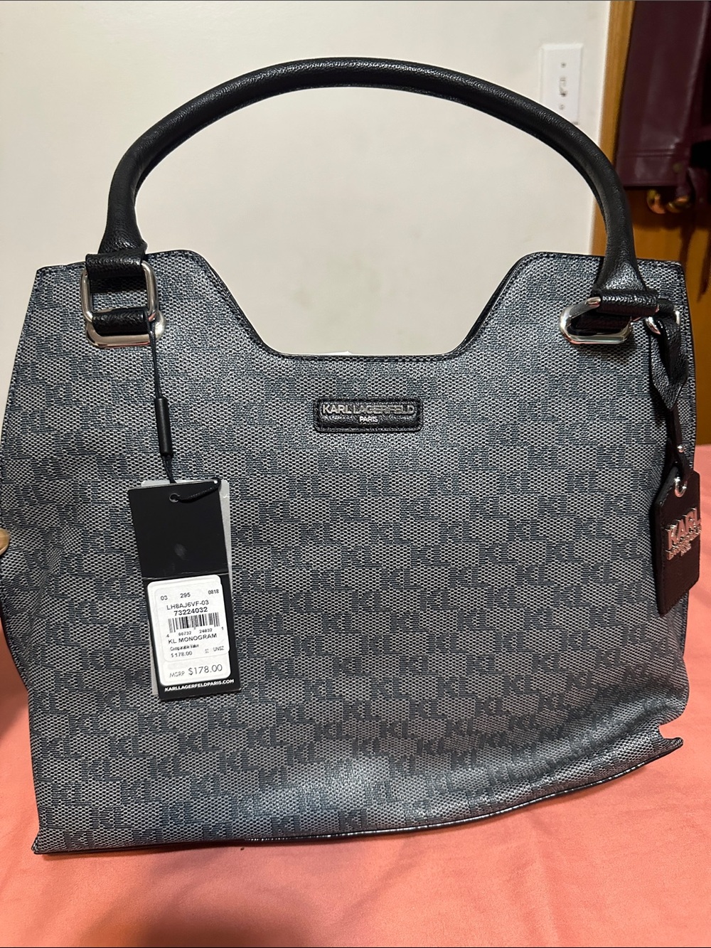 KARL LAGERFELD Gray Monogram Satchel with Black Trim